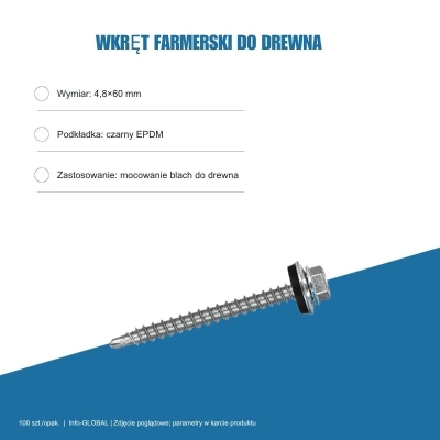 Wkręty farmerskie do blachy 4,8x60 mm do drewna – ocynk, 100 szt.